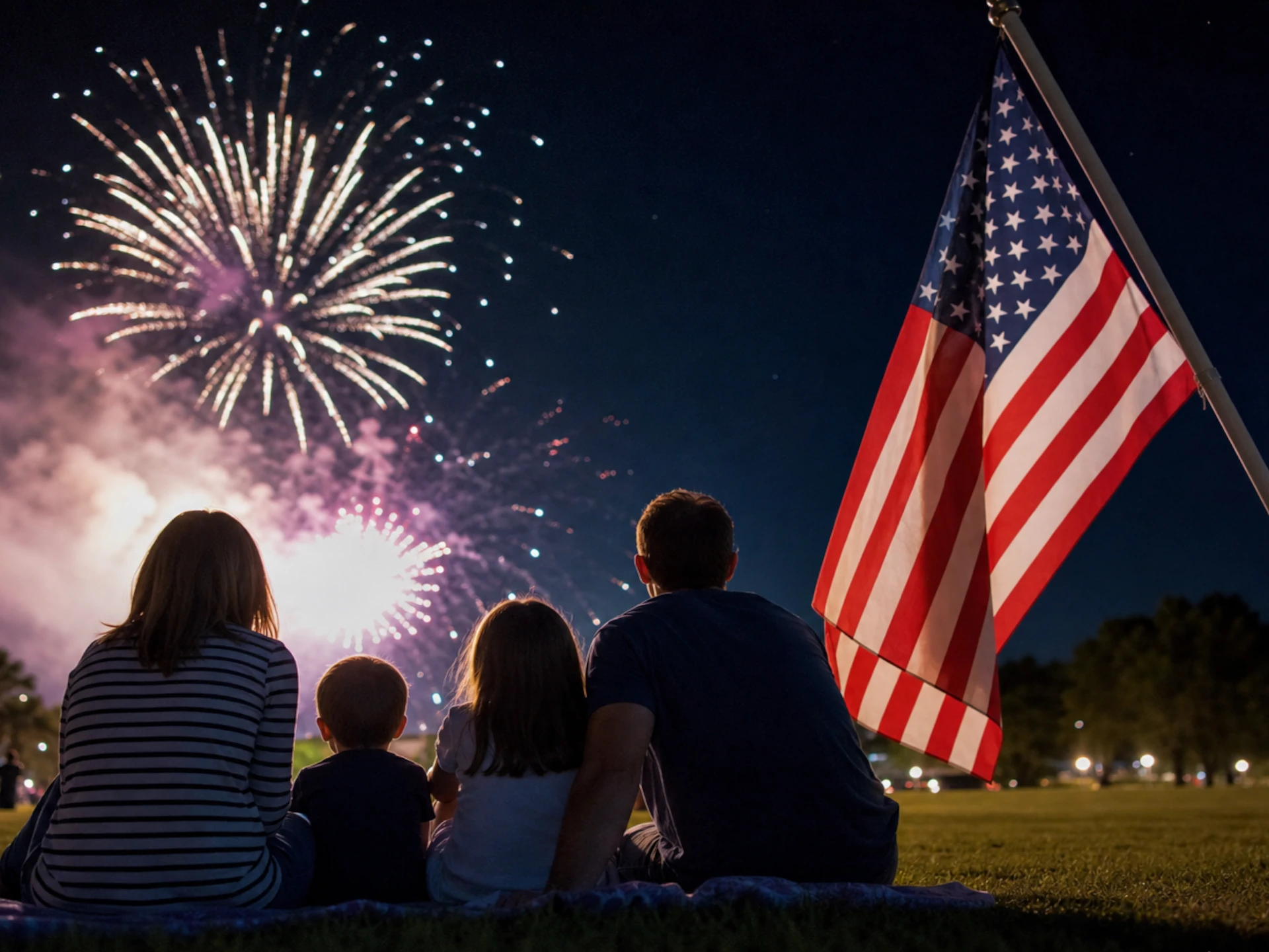background family watching fireworks